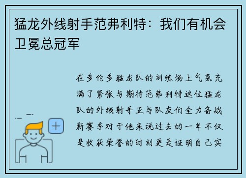 猛龙外线射手范弗利特：我们有机会卫冕总冠军